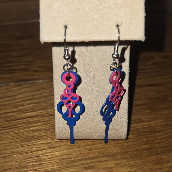 Elegant Blue and Pink Clock Hand Dangle Earrings - Picture 1 of 5